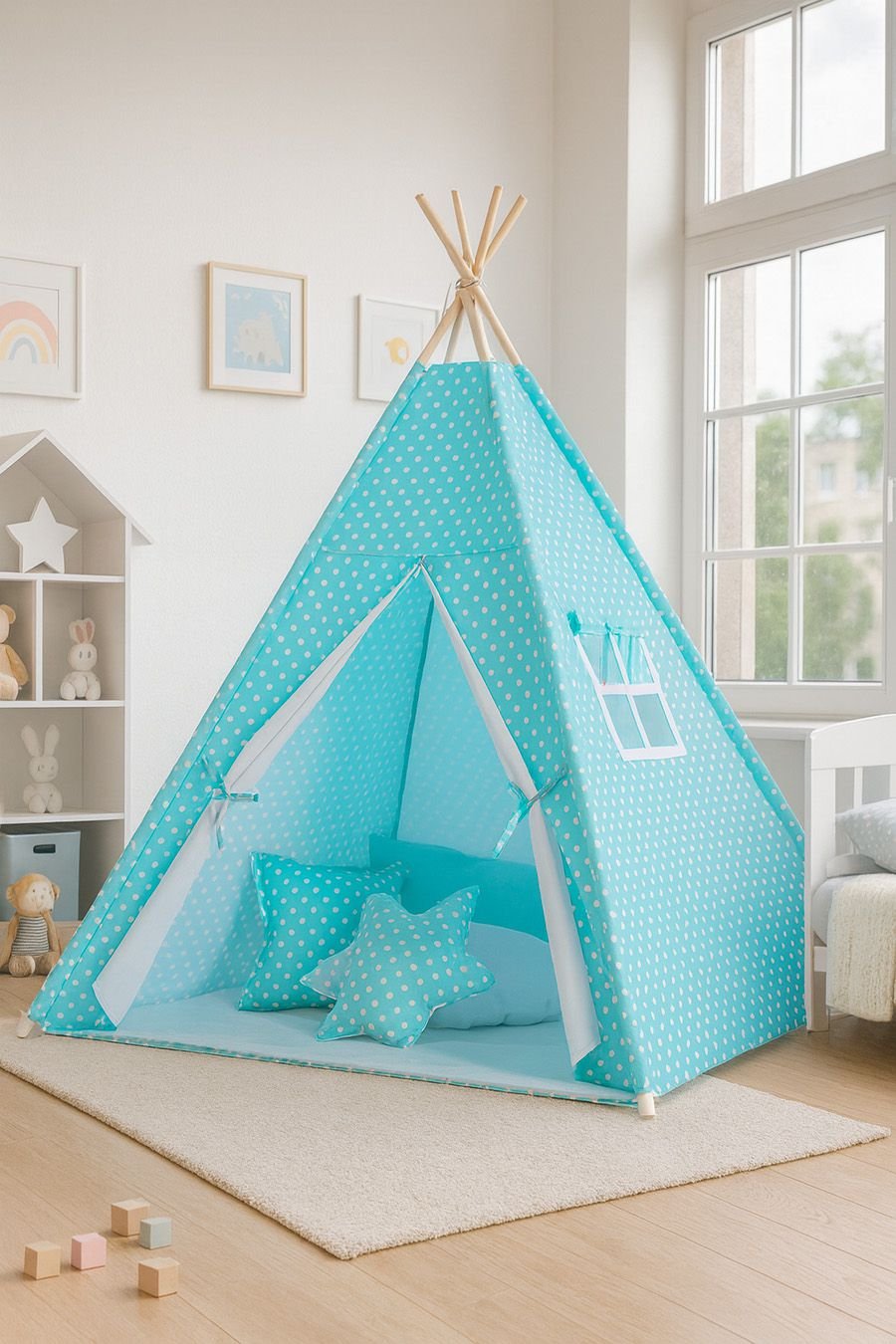 Tipi palapinė vaikams + dekoratyvinės plunksnos - balti taškeliai turkio fone - Image 2