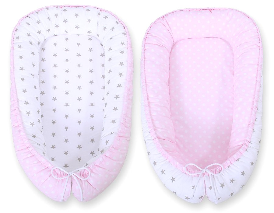 Kūdikio lizdas dvipusis Premium Cocoon naujagimiams BOBONO - taškeliai ant rožinio fono/pilkos žvaigždutės - Image 2