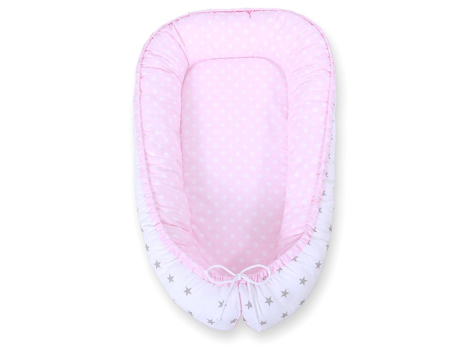 Kūdikio lizdas dvipusis Premium Cocoon naujagimiams BOBONO - taškeliai ant rožinio fono/pilkos žvaigždutės - Image 5