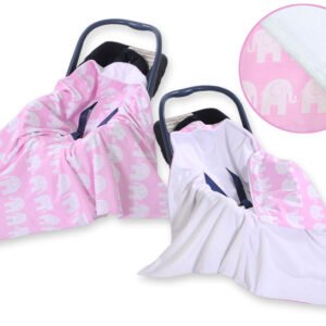 Big double-sided car seat blanket for babies - Elephants pink