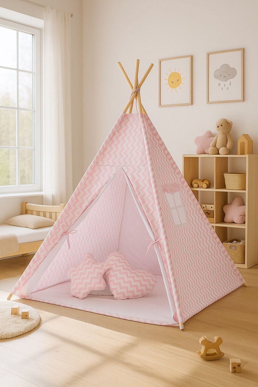 Tipi palapinė vaikams + žaidimo kilimėlis + dekoratyvinės plunksnos - Chevron rožinė - Image 2