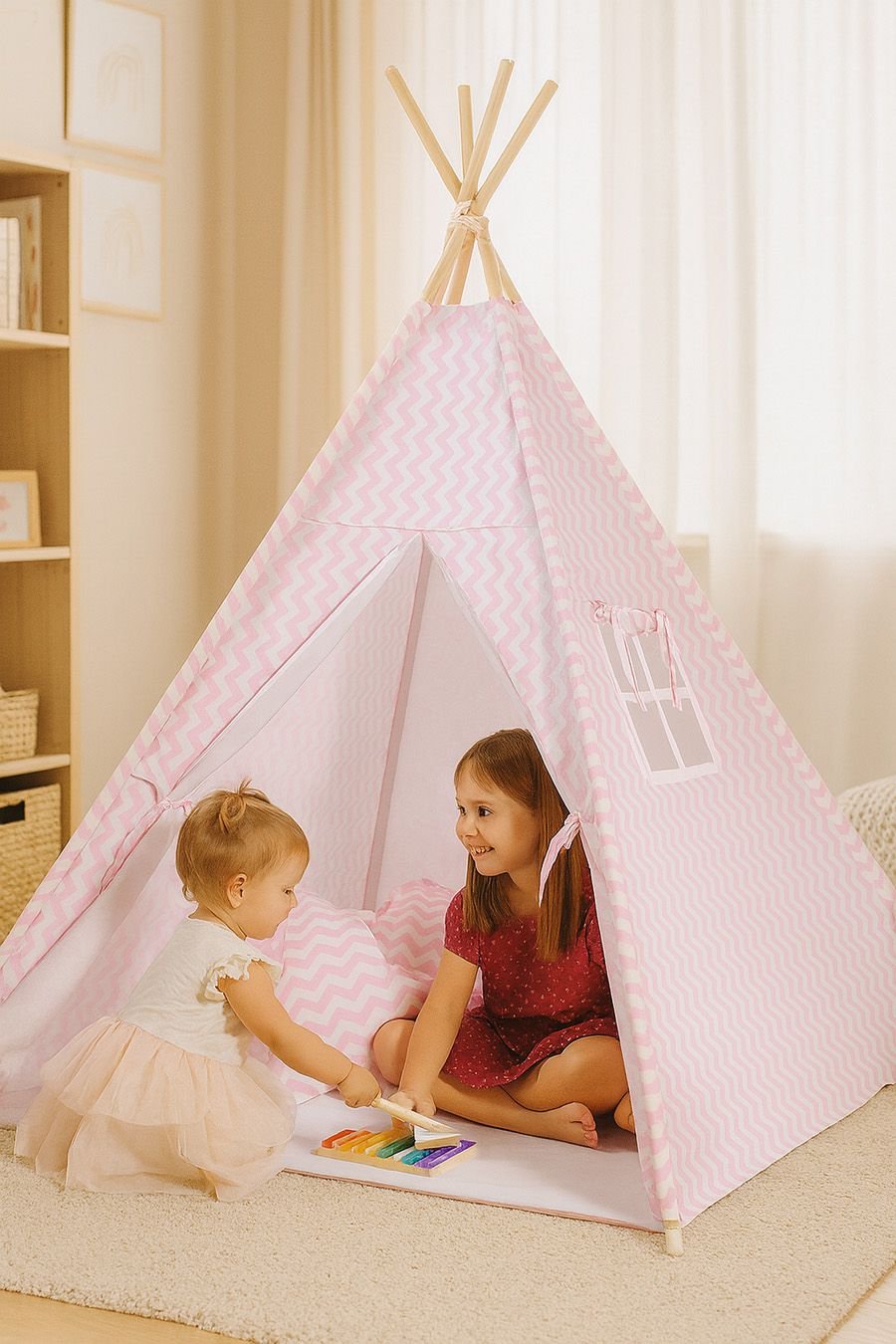 Tipi palapinė vaikams + žaidimo kilimėlis + dekoratyvinės plunksnos - Chevron rožinė - Image 3
