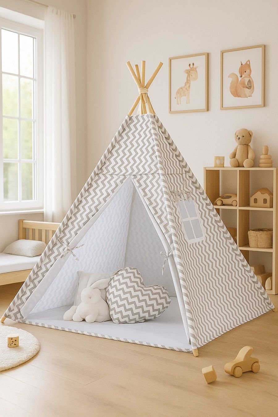 Tipi palapinė vaikams + žaidimo kilimėlis + pagalvėlės + dekoratyvinės plunksnos - Chevron pilka - Image 2