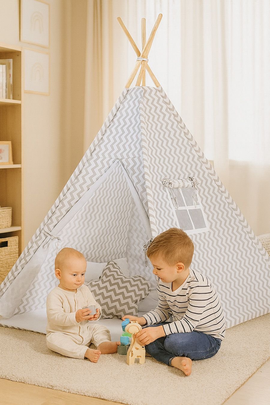 Tipi palapinė vaikams + žaidimo kilimėlis + pagalvėlės + dekoratyvinės plunksnos - Chevron pilka - Image 3