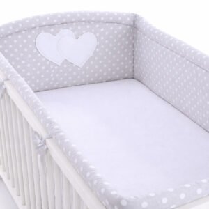 Universal crib rail bumper XXL - Hearts white dots on grey