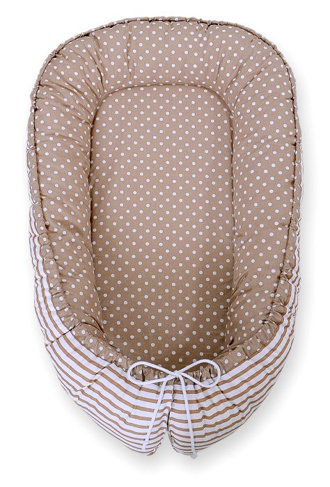 Kūdikio lizdas dvipusis Premium Cocoon naujagimiams BOBONO - taškeliai ant rudo fono/dryžiai