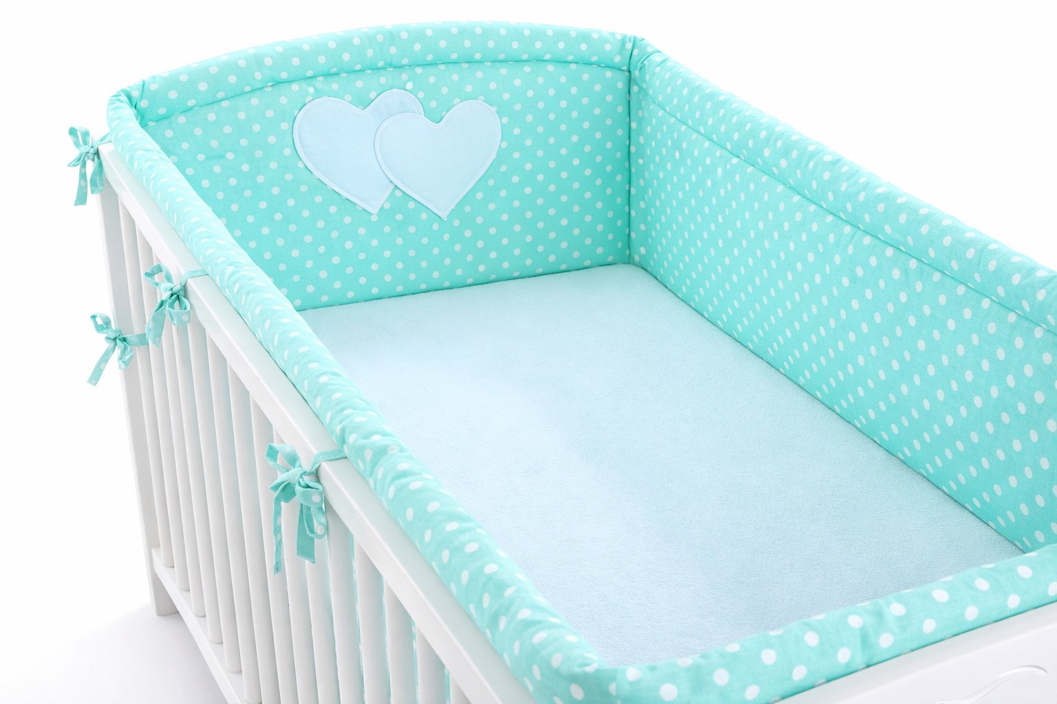 Universal crib rail bumper XXL - Hearts white dots on mint