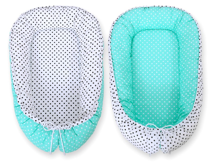 Kūdikio lizdas dvipusis Premium Cocoon naujagimiams BOBONO - juodi taškeliai, balti taškeliai ant mėtų fono - Image 3