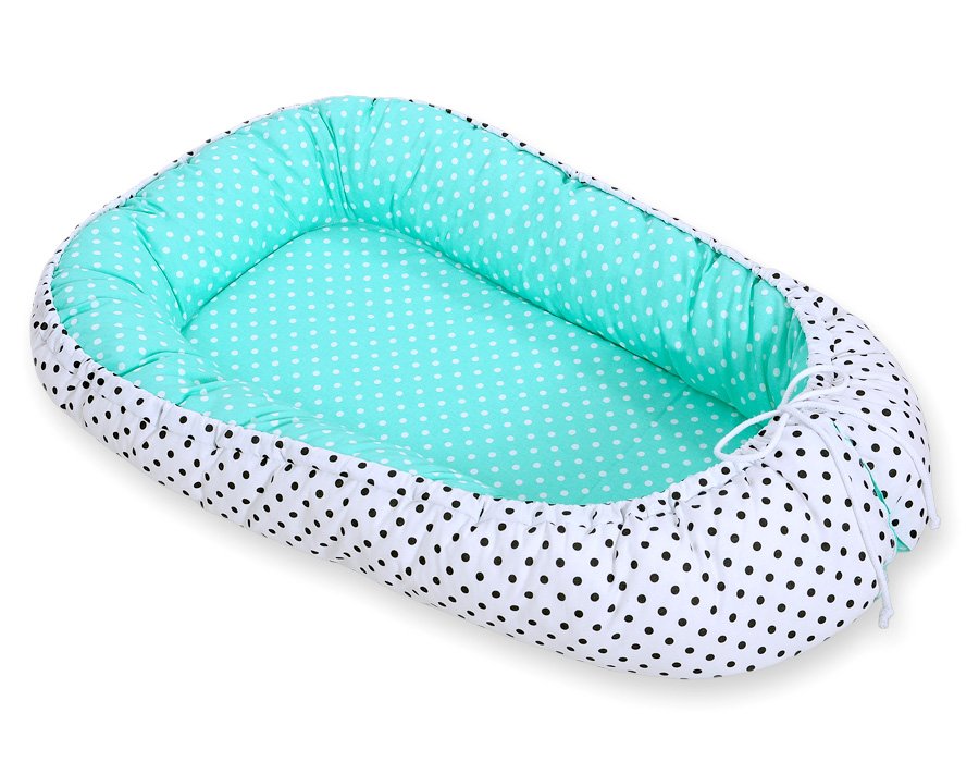 Kūdikio lizdas dvipusis Premium Cocoon naujagimiams BOBONO - juodi taškeliai, balti taškeliai ant mėtų fono - Image 4