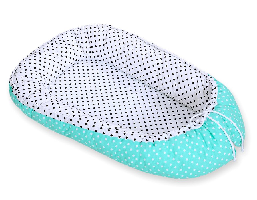 Kūdikio lizdas dvipusis Premium Cocoon naujagimiams BOBONO - juodi taškeliai, balti taškeliai ant mėtų fono - Image 5
