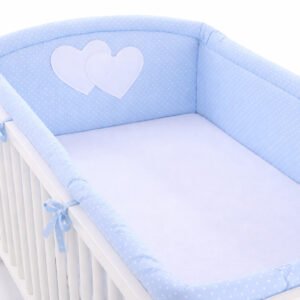Universal crib rail bumper XXL - Hearts white polka dots on blue