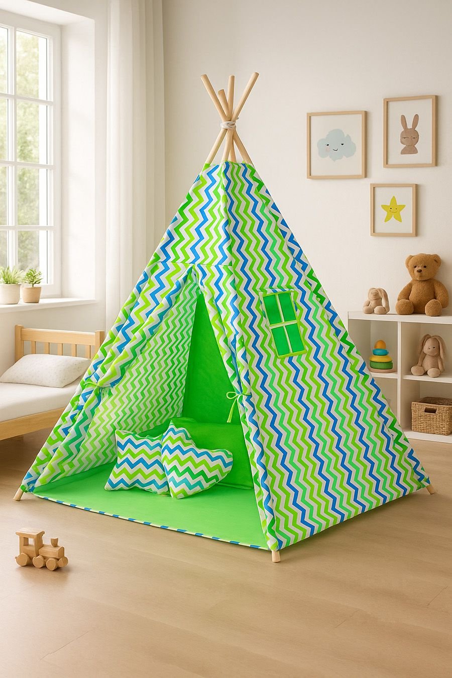 Tipi palapinė vaikams + dekoratyvinės plunksnos - Chevron žalsvai mėlyna - Image 2