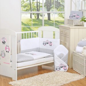 Baby bedding set 135x100 cm with bumper 3-pcs Grey Owls with grey and pink embroidery