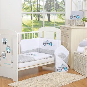 Baby bedding set 135x100 cm with bumper 3-pcs Grey Owls with grey and turquoise embroidery