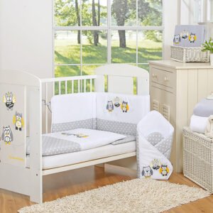 Baby bedding set 135x100 cm with bumper 3-pcs Grey owls with grey and yellow embroidery