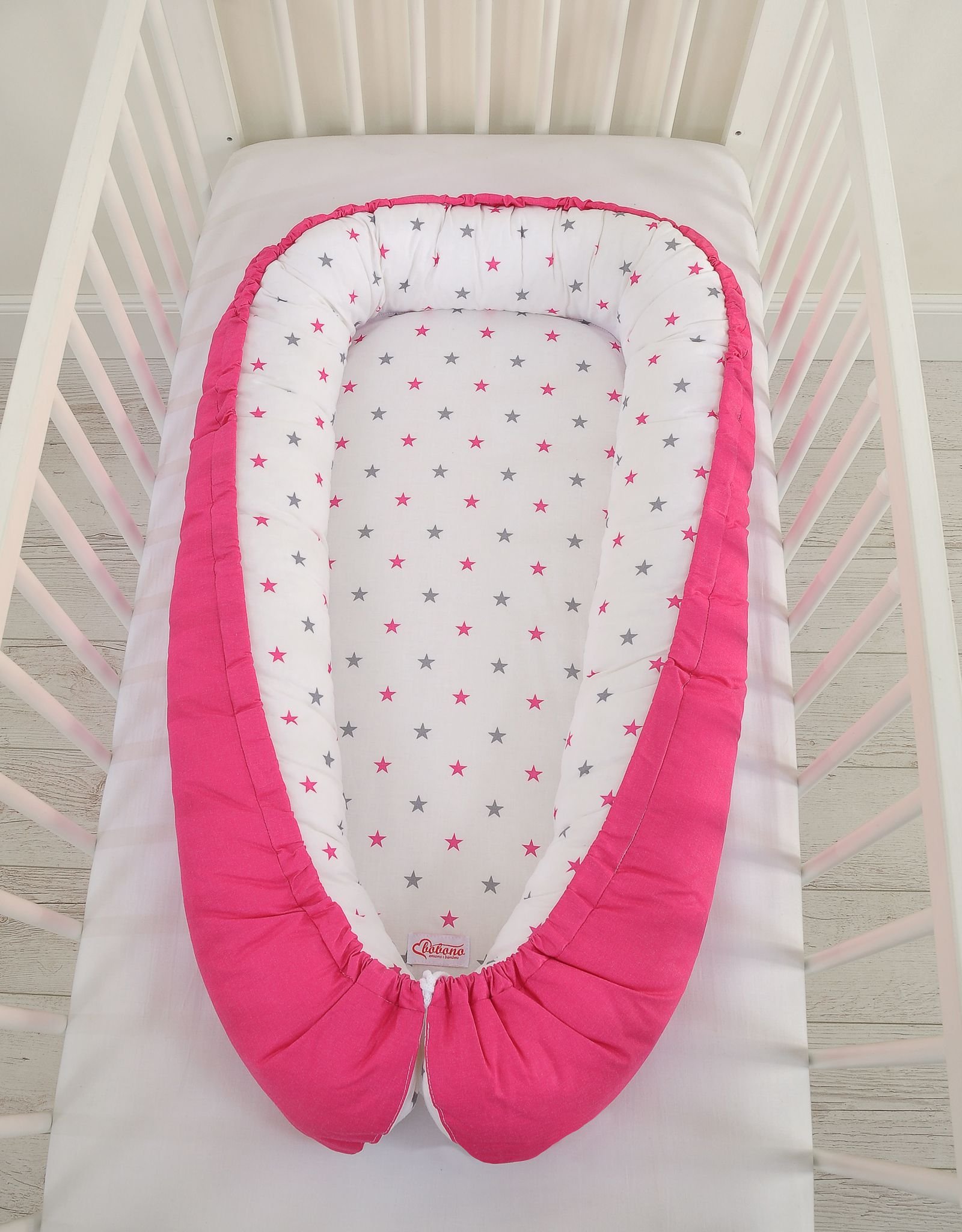 Kūdikio lizdas dvipusis Premium Cocoon naujagimiams BOBONO - žvaigždutės pilka-rožinė/rožinė - Image 3