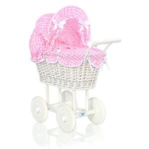 Wicker dolls' pram with pink bedding and padding - white