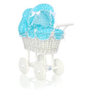 Wicker dolls' pram with turquoise bedding and padding - white