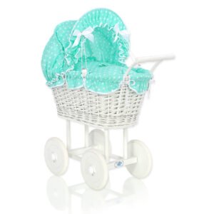 Wicker dolls' pram with mint bedding and padding - white
