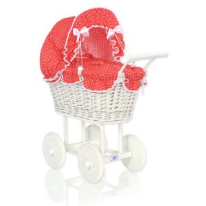 Wicker dolls' pram with red bedding and padding - white