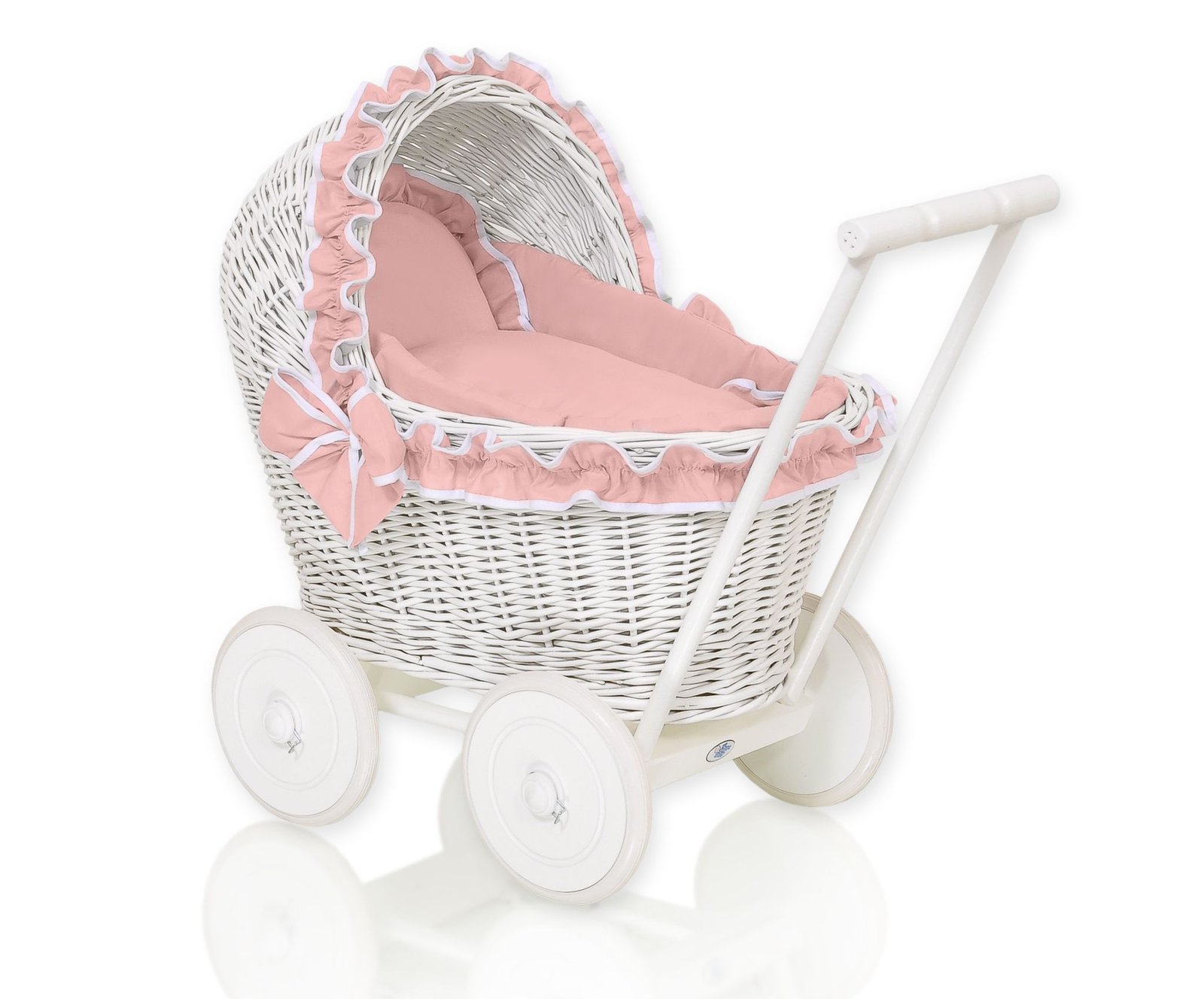 Wicker doll pushchairwhite with bedding old rose and soft padding CHIARA