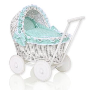 Wicker doll pushchair white with mint bedding and soft padding CHIARA