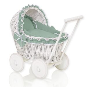 Wicker doll pushchairwhite with sage bedding and soft padding CHIARA