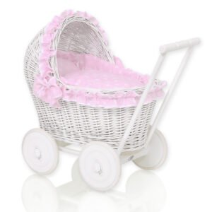Wicker doll pushchair white with pink bedding and soft padding CHIARA