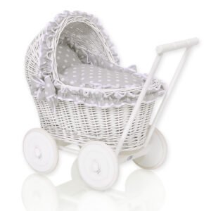 Wicker doll pushchair white with grey bedding and soft padding CHIARA