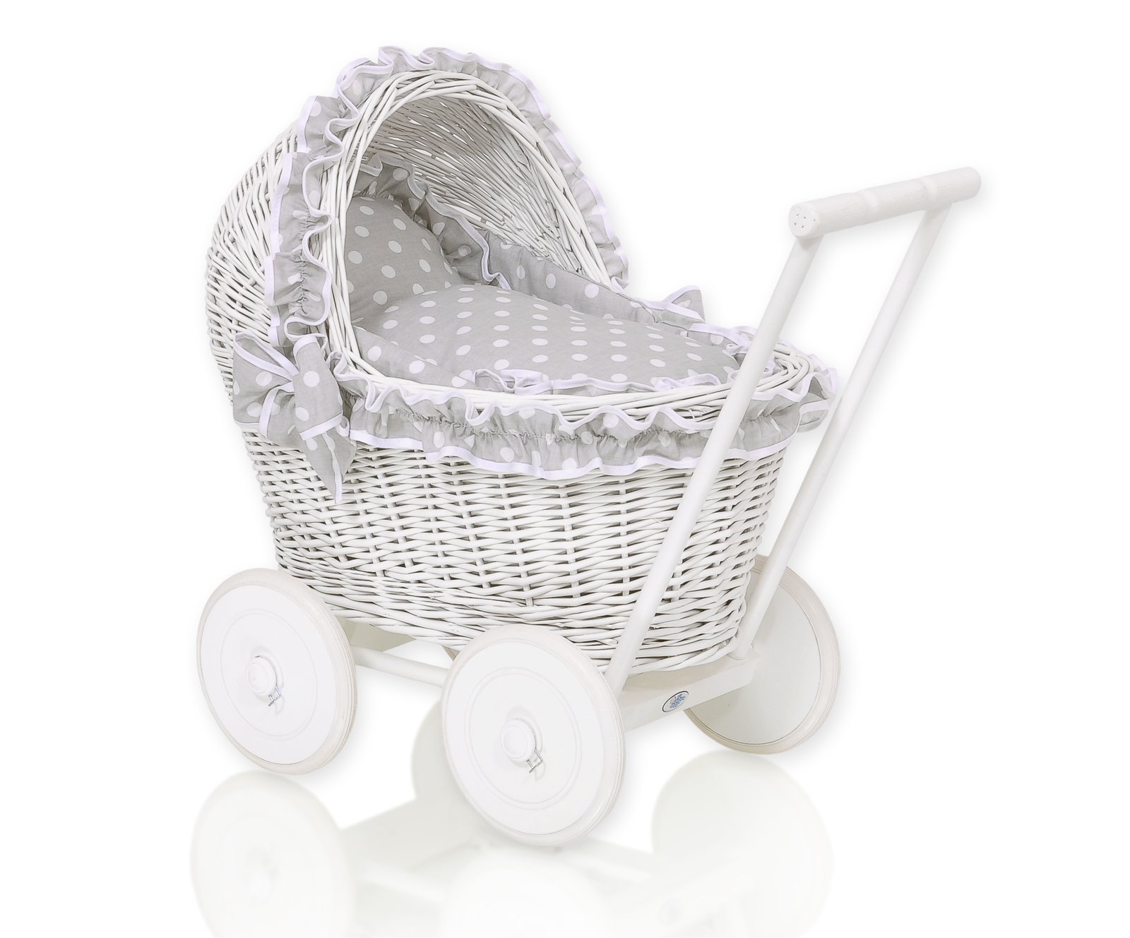 Wicker doll pushchair white with grey bedding and soft padding CHIARA
