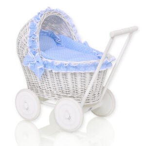 Wicker doll pushchair white with blue bedding and soft padding CHIARA