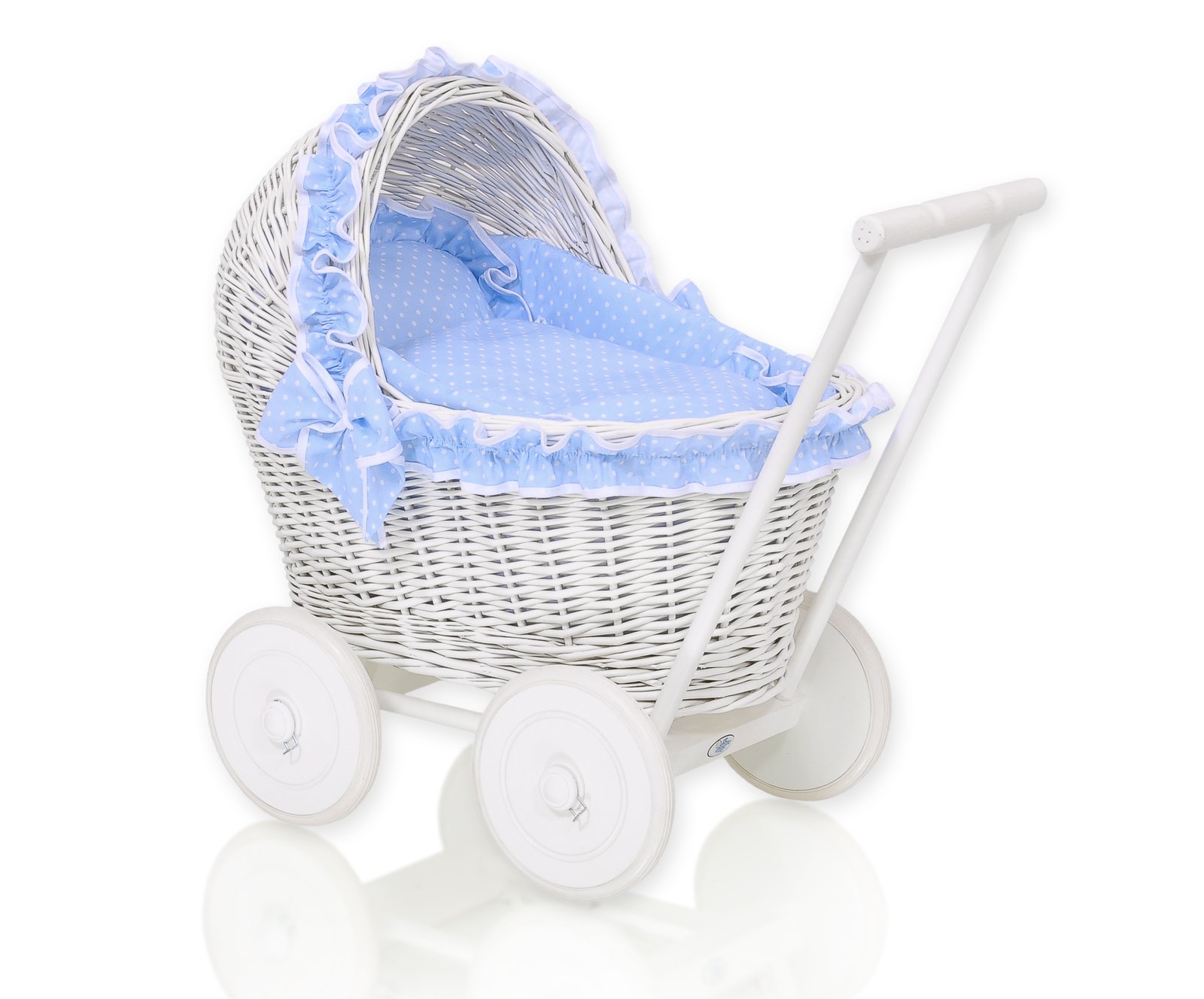 Wicker doll pushchair white with blue bedding and soft padding CHIARA