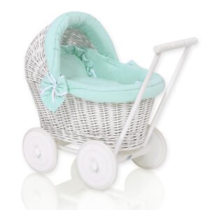 Wicker doll pushchair white with mint bedding and soft padding STELLA