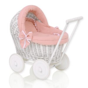 Wicker doll pushchair white with bedding and soft padding pastel pink STELLA