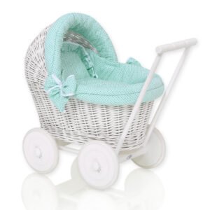 Wicker doll pushchair white with mint bedding and soft padding STELLA
