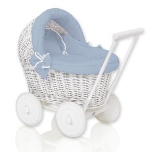 Wicker doll pushchair white with bedding dusty blue and soft padding STELLA