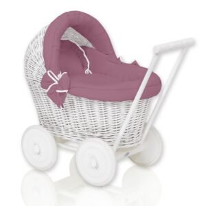 Wicker doll pushchair white with bedding dusty rose and soft padding STELLA