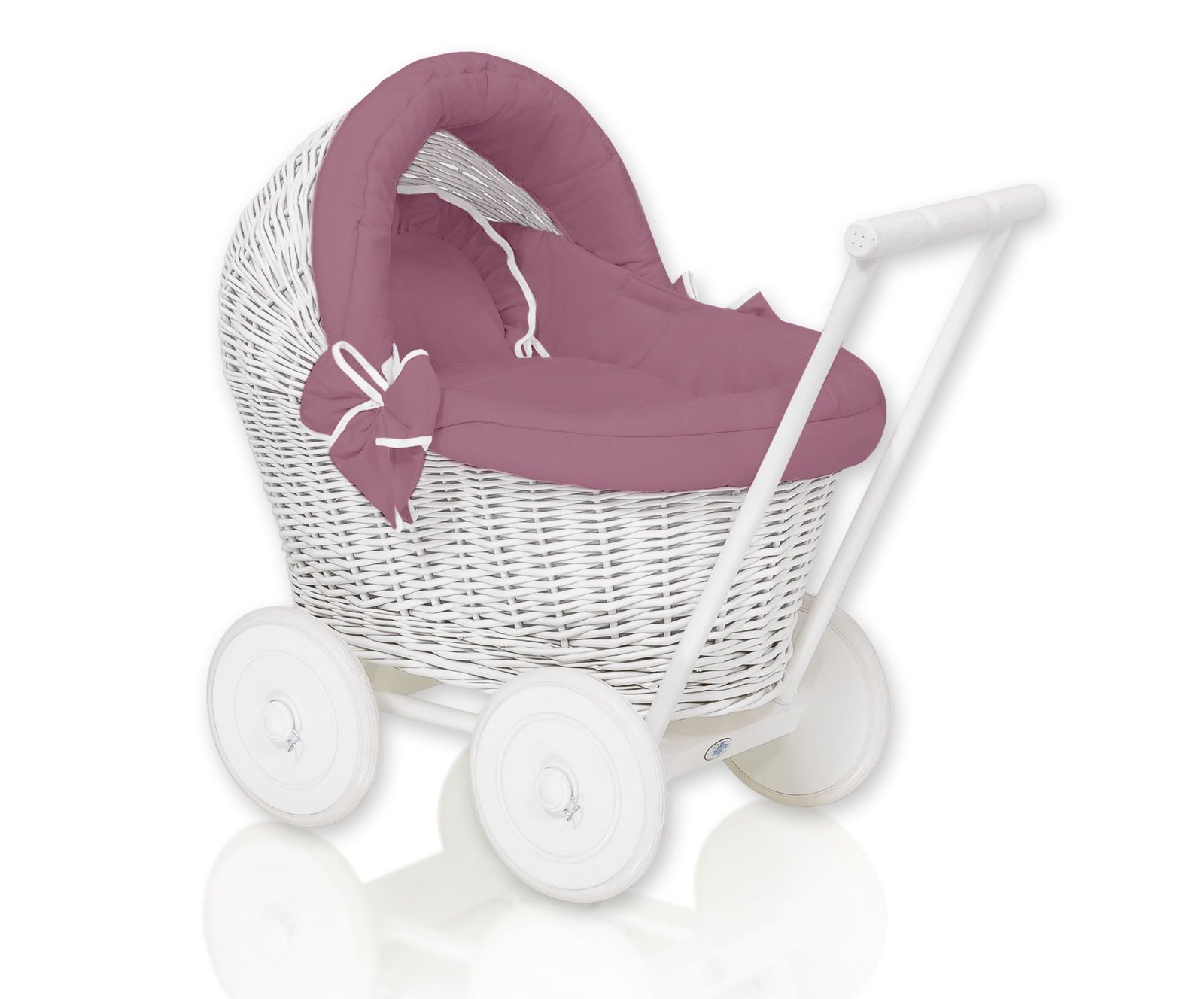 Wicker doll pushchair white with bedding dusty rose and soft padding STELLA