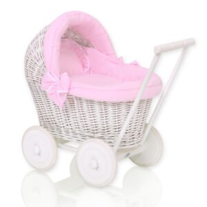 Wicker doll pushchair white with pink bedding and soft padding STELLA