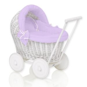 Wicker doll pushchair white with lila bedding and soft padding STELLA