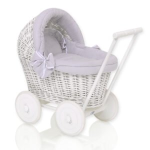 Wicker doll pushchair white with grey bedding and soft padding STELLA