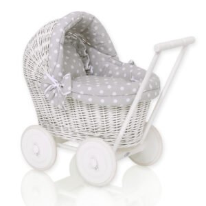 Wicker doll pushchair white with grey bedding and soft padding STELLA