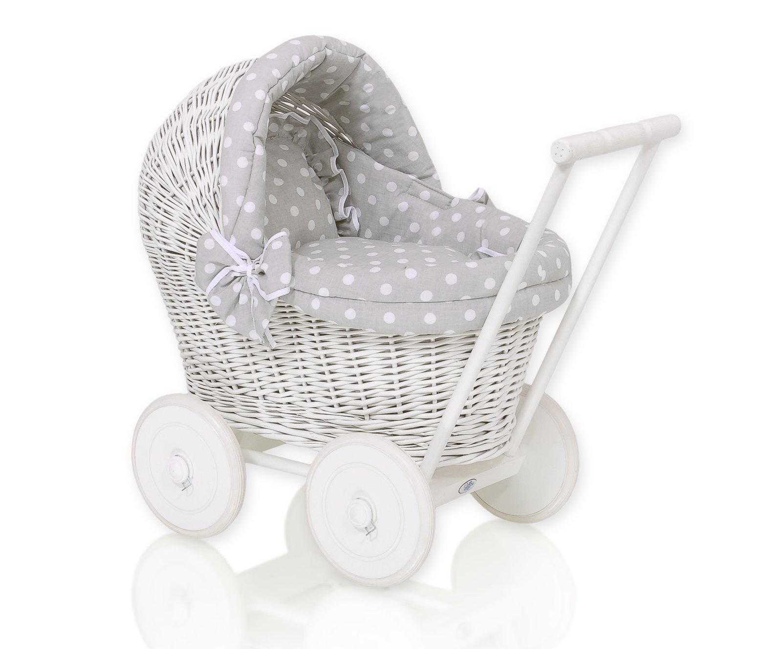 Wicker doll pushchair white with grey bedding and soft padding STELLA