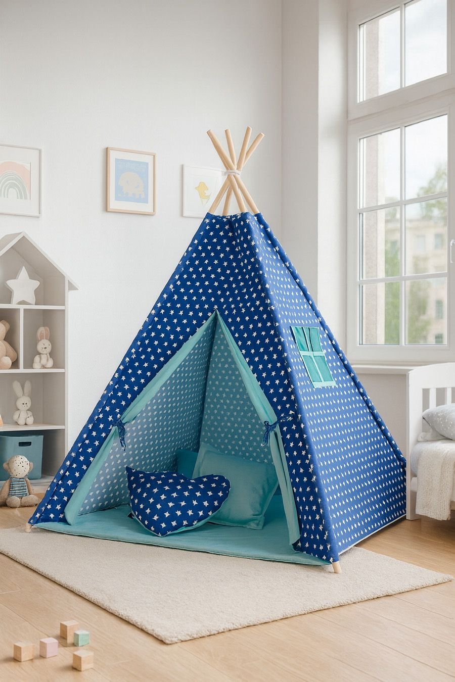 Tipi palapinė vaikams + dekoratyvinės plunksnos - tamsiai mėlynos žvaigždutės - Image 2