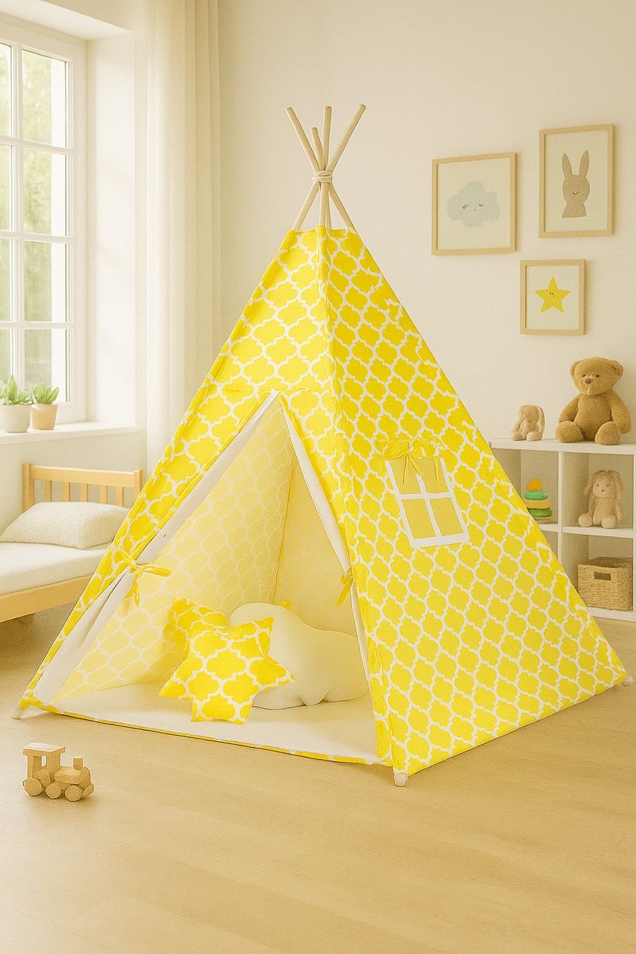 Tipi palapinė vaikams + žaidimo kilimėlis + pagalvėlės + dekoratyvinės plunksnos - Marocco geltona - Image 4