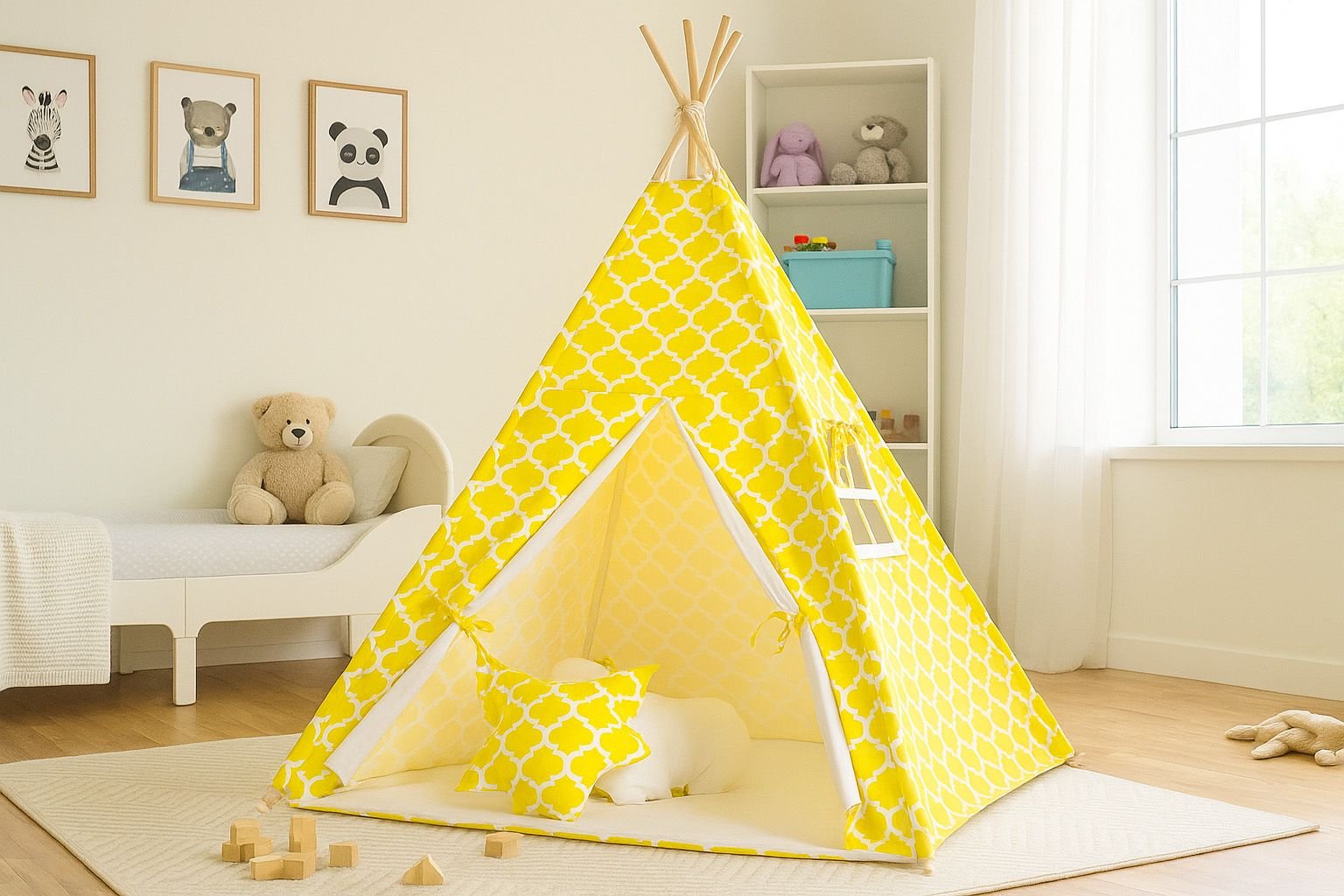Tipi palapinė vaikams + žaidimo kilimėlis + pagalvėlės + dekoratyvinės plunksnos - Marocco geltona - Image 5