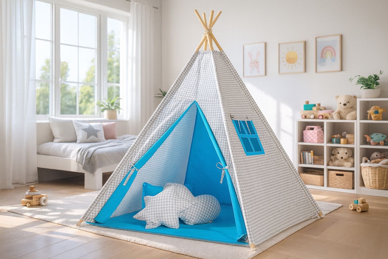 Tipi palapinė vaikams + dekoratyvinės plunksnos - pilki languoti - turkio spalvos - Image 2