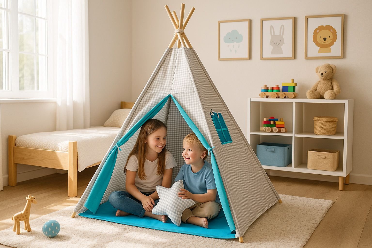 Tipi palapinė vaikams + dekoratyvinės plunksnos - pilki languoti - turkio spalvos - Image 3
