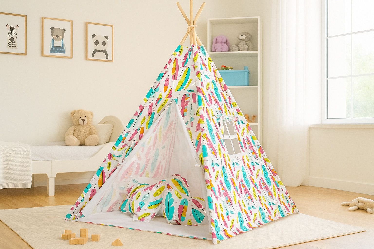 Tipi palapinė vaikams + žaidimo kilimėlis + pagalvėlės + dekoratyvinės plunksnos - spalvota plunksna - Image 4
