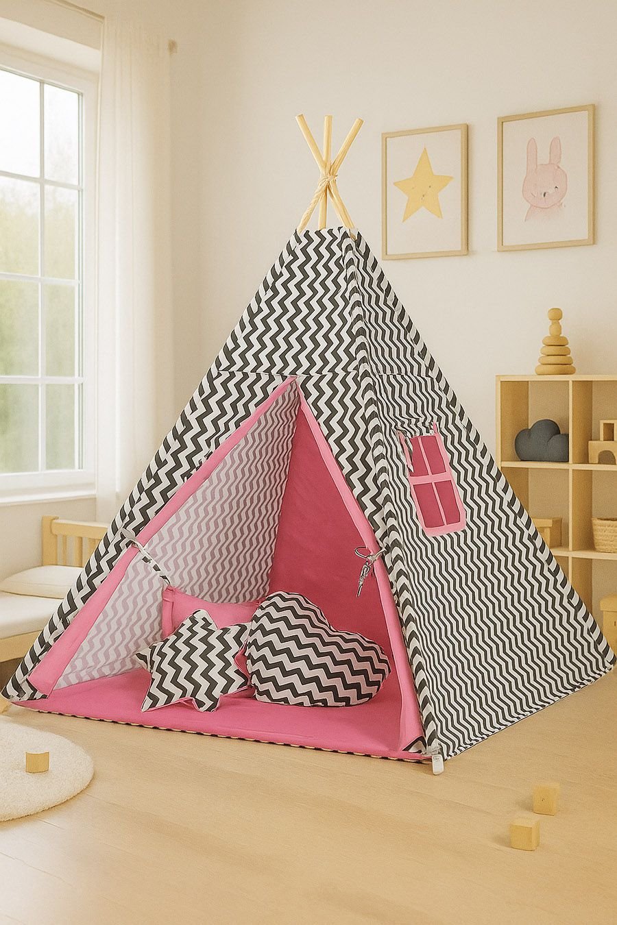 Tipi palapinė vaikams + žaidimo kilimėlis + pagalvėlės + dekoratyvinės plunksnos - Chevron juoda/rožinė - Image 4
